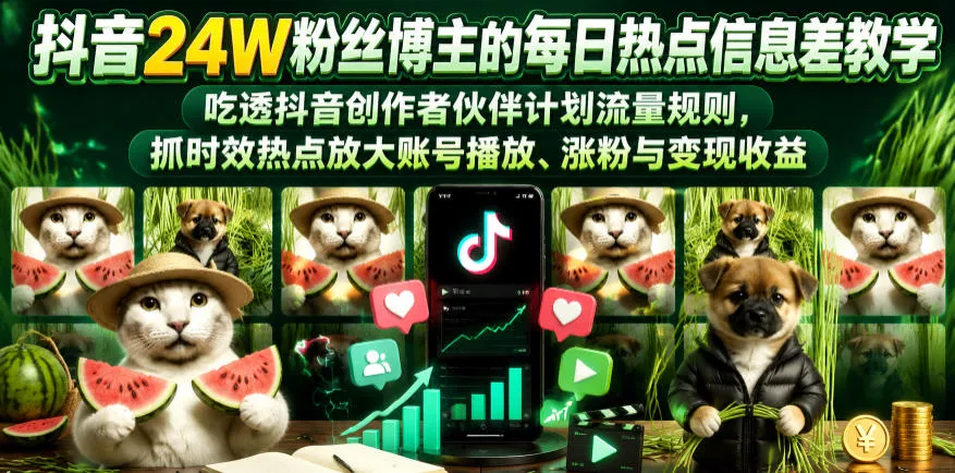抖音24W粉丝博主的每日热点信息差教学，吃透创作者伙伴计划流量规则，抓时效热点放大账号播放、涨粉与变现收益(更新)-e家网
