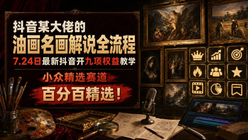 抖音某大佬的油画名画解说全流程，7.24日最新抖音开九项权益教学，小众精选赛道，百分百精选！-e家网