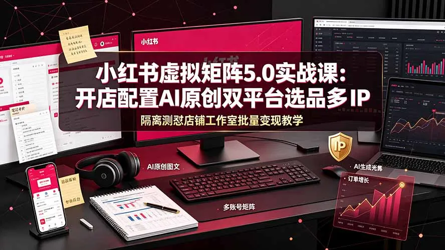 小红书虚拟矩阵5.0实战课：开店配置｜AI原创｜双平台选品｜多IP隔离｜测怼店铺工作室批量变现实操教学-e家网