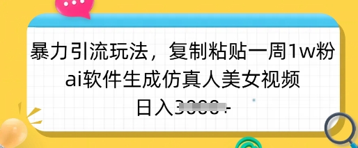 暴力引流玩法，复制粘贴一周1w粉，ai软件生成仿真人美女视频，日入多张-E家云商