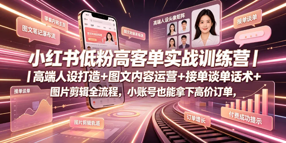 小红书低粉高客单实战训练营｜高端人设打造+图文内容运营+接单谈单话术+图片剪辑全流程，小账号也能拿下高价订单-e家网