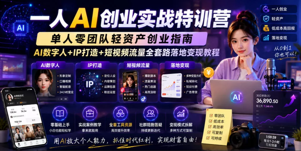 一人AI创业实战特训营，单人零团队轻资产创业指南，AI数字人+IP打造+短视频流量全套路落地变现教程-e家网