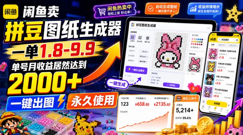 闲鱼卖拼豆图纸生成器，一单1.8-9.9，单号月收益居然达到2000+一键出图永久使用-e家网