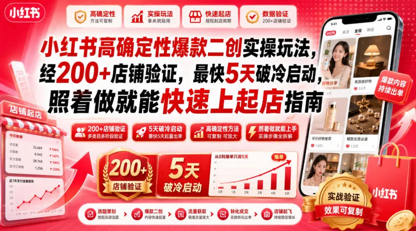 小红书高确定性爆款二创实操玩法，经200+店铺验证，最快5天破冷启动，照着做就能快速上起店指南-e家网