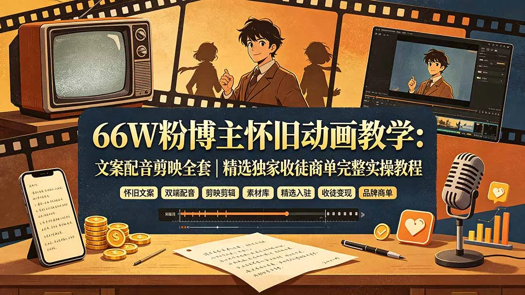 66W粉博主怀旧动画教学：文案配音剪映全套｜精选独家收徒商单完整实操教程-e家网