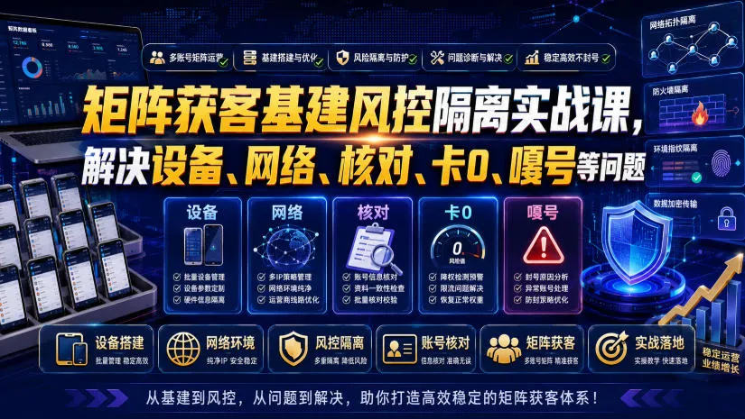 矩阵获客基建风控隔离实战课，解决设备、网络、核对、卡0、嘎号等问题-e家网