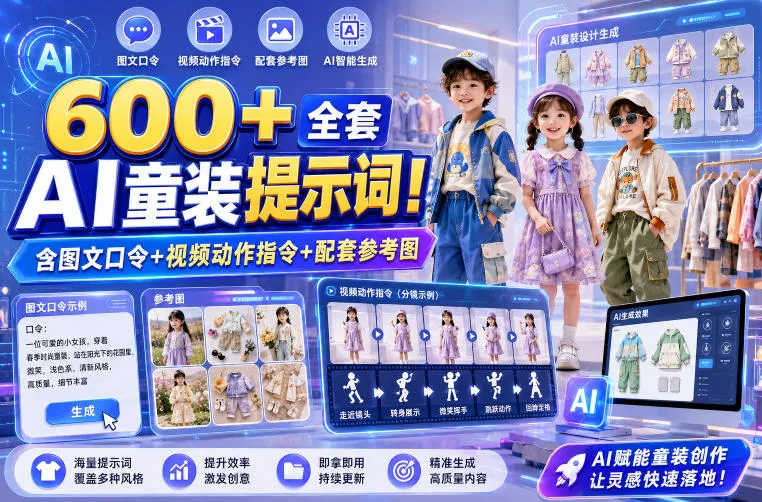 600+全套AI童装提示词！含图文口令+视频动作指令+配套参考图，Word-Excel规整分类，童装电商、种草无脑量产内容！-e家网