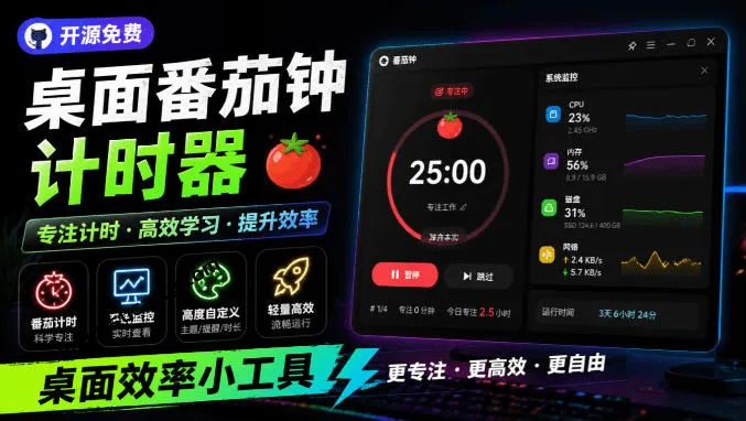 仅1.16MB，开源极简的桌面时钟、番茄钟计时器，还支持系统监控显示，桌面效率小工具Catime-e家网