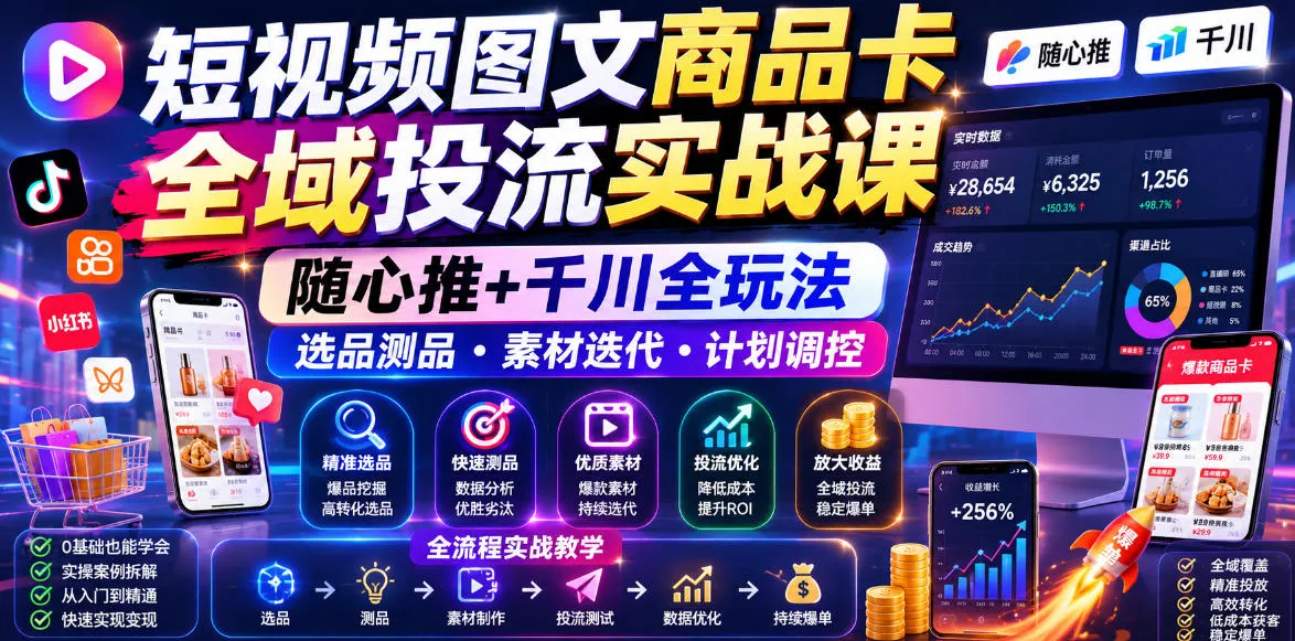 短视频图文商品卡全域投流实战课，随心推+千川全玩法，选品测品・素材迭代・计划调控，提升ROI爆单增收教程-e家网