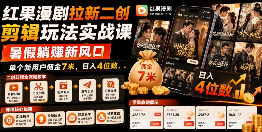红果漫剧拉新二创剪辑玩法实战课，暑假躺賺新风口，单个新用户佣金7米，日入4位数-e家网
