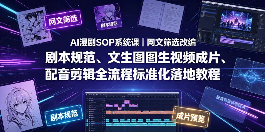 AI漫剧SOP系统课｜网文筛选改编、剧本规范、文生图图生视频成片、配音剪辑全流程标准化落地教程-e家网