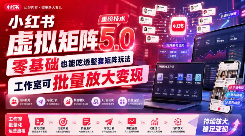 小红书虚拟矩阵5.0重磅技术，零基础也能吃透整套矩阵玩法，工作室可批量放大变现-e家网