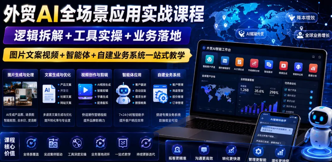 外贸AI全场景应用实战课程｜逻辑拆解+工具实操+业务落地，图片文案视频+智能体+自建业务系统一站式教学-e家网