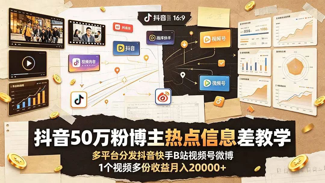 抖音50万粉博主热点信息差教学：多平台分发抖音快手B站视频号微博，1个视频多份收益月入20000+-e家网