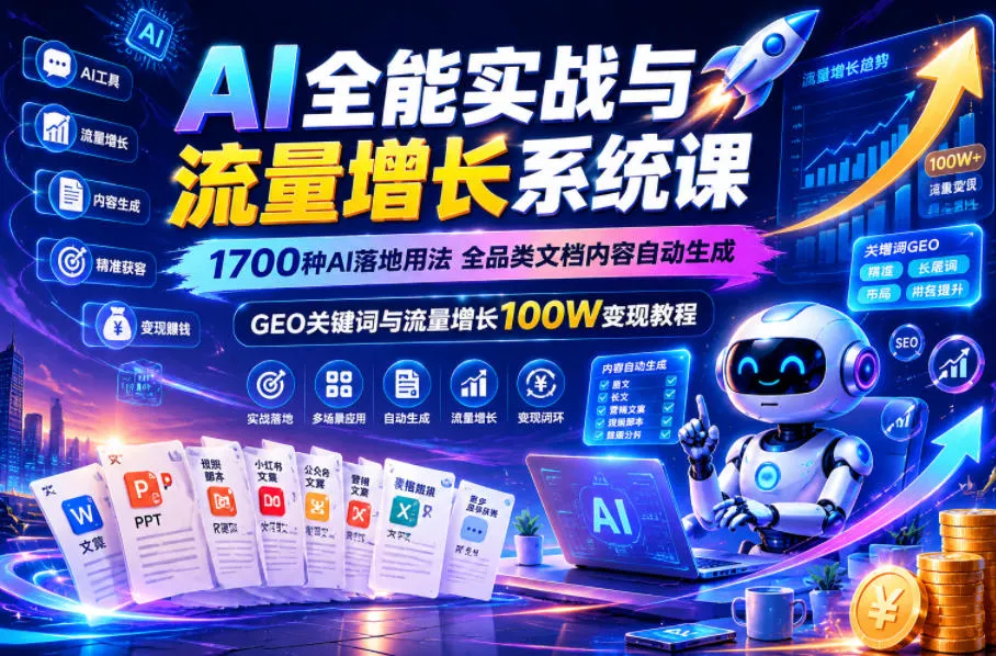 AI全能实战与流量增长系统课，1700种AI落地用法，全品类文档内容自动生成，GEO关键词与流量增长100W变现教程-e家网