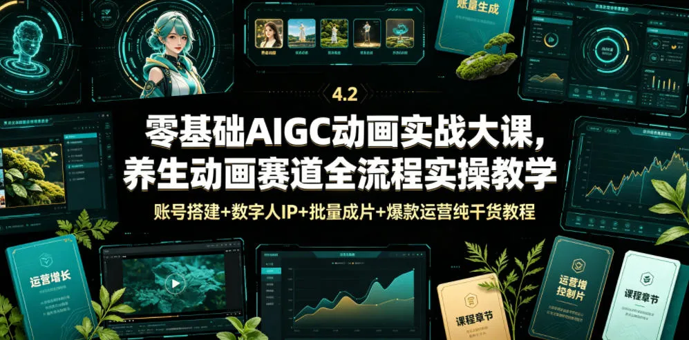 零基础AIGC动画实战大课，养生动画赛道全流程实操教学，账号搭建+数字人IP+批量成片+爆款运营纯干货教程-e家网