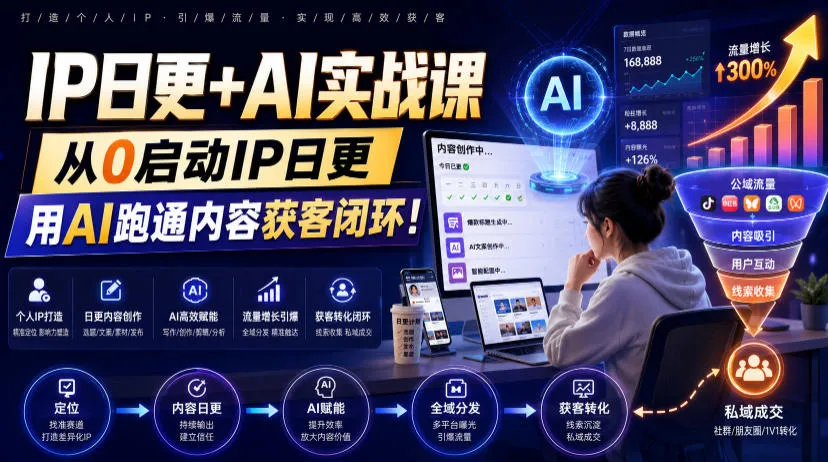 IP日更+AI实战课，从0启动IP日更，IP置顶视频制作+100条选题库搭建+10条日更规划，用AI跑通内容获客闭环!-e家网