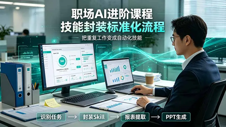 职场AI进阶课程；多类实用Skill工具实操，专属技能封装标准化流程，报表行业报告一键提取核心内容-e家网