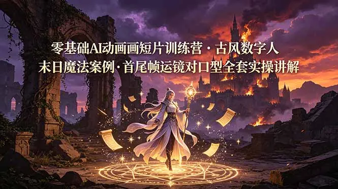 零基础AI动画短片训练营，古风数字人末日魔法案例，首尾帧运镜对口型全套实操讲解-e家网