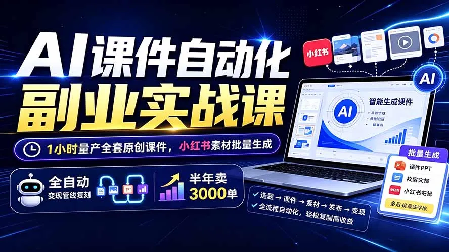 AI课件自动化副业实战课：1小时量产全套原创课件×小红书素材批量生成×全自动变现管线×半年卖3000单-e家网