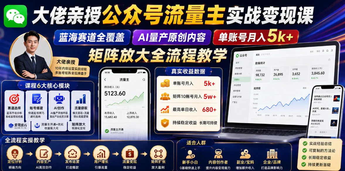 大佬亲授公众号流量主实战变现课，蓝海赛道全覆盖，AI量产原创内容，单账号月入5k+矩阵放大全流程教学-e家网