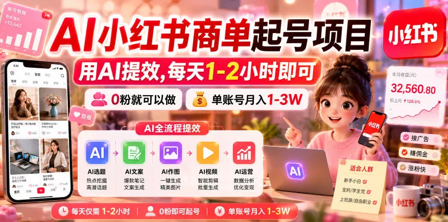 AI小红书商单起号项目，用AI提效,每天1-2小时即可，0粉就可以做，单账号月入1-3W-e家网