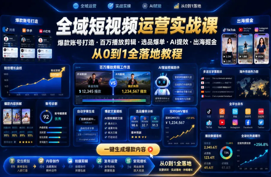全域短视频运营实战课，爆款账号打造・百万播放剪辑・选品爆单・AI提效・出海掘金，从0到1全落地教程-e家网