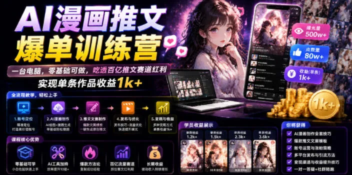 AI漫画推文爆单训练营，一台电脑，零基础可做，吃透百亿推文赛道红利，实现单条作品收益1k+-e家网