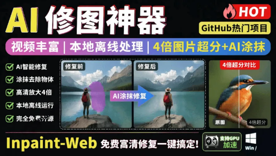 本地离线处理，4倍图片超分+AI涂抹去水印！Github上热门神器，免费高清修复图一键搞定！Inpaint-Web-e家网