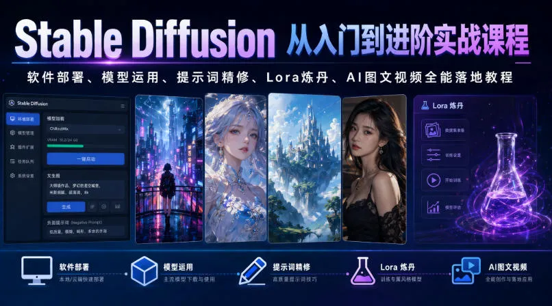 Stable Diffusion从入门到进阶实战课程｜软件部署、模型运用、提示词精修、Lora炼丹、AI图文视频全能落地教程-e家网