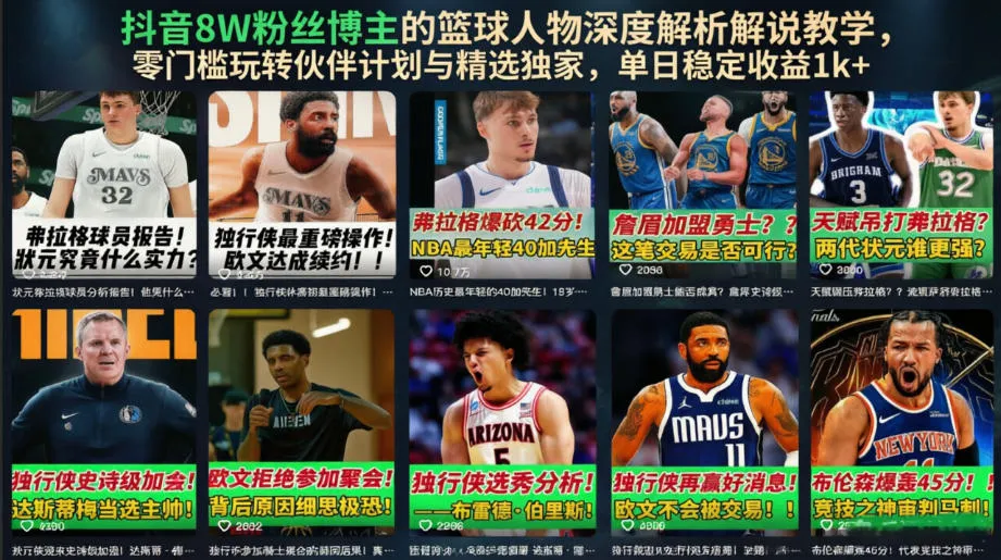 抖音8W粉丝博主的篮球人物深度解析解说教学，零门槛玩转伙伴计划与精选独家，单日稳定收益1k+-e家网