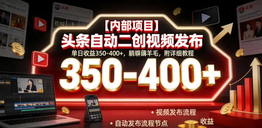 【内部项目】头条自动二创视频发布，单日收益350-400+，躺賺薅羊毛，附详细教程【揭秘】-e家网