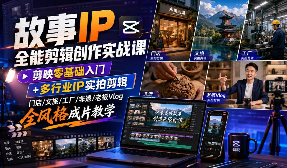 故事IP全能剪辑创作实战课｜剪映零基础入门+多行业IP实拍剪辑，门店/文旅/工厂/非遗/老板Vlog全风格成片教学-e家网