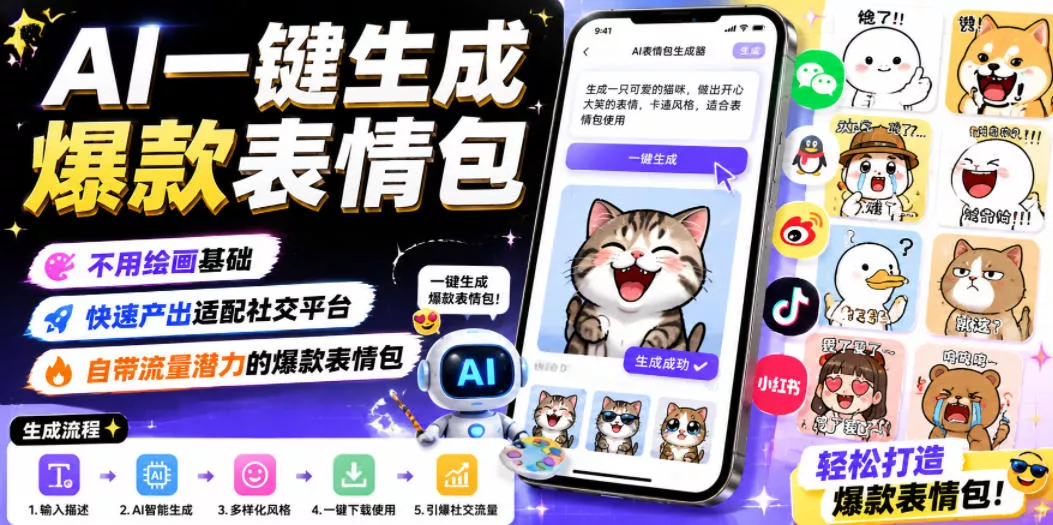 AI一键生成爆款表情包，不用绘画基础，快速产出适配社交平台，自带流量潜力的爆款表情包-e家网