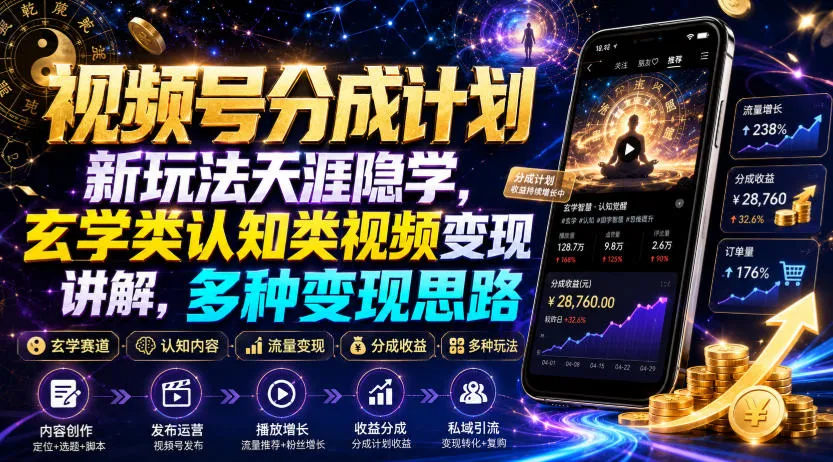 视频号分成计划新玩法天涯隐学，玄学类认知类视频变现讲解，多种变现思路-e家网
