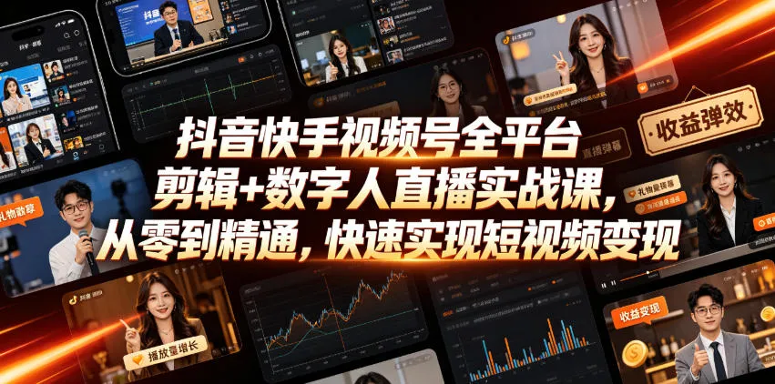 抖音快手视频号全平台剪辑+数字人直播实战课，从零到精通，快速实现短视频变现(更新2026年6月)-e家网