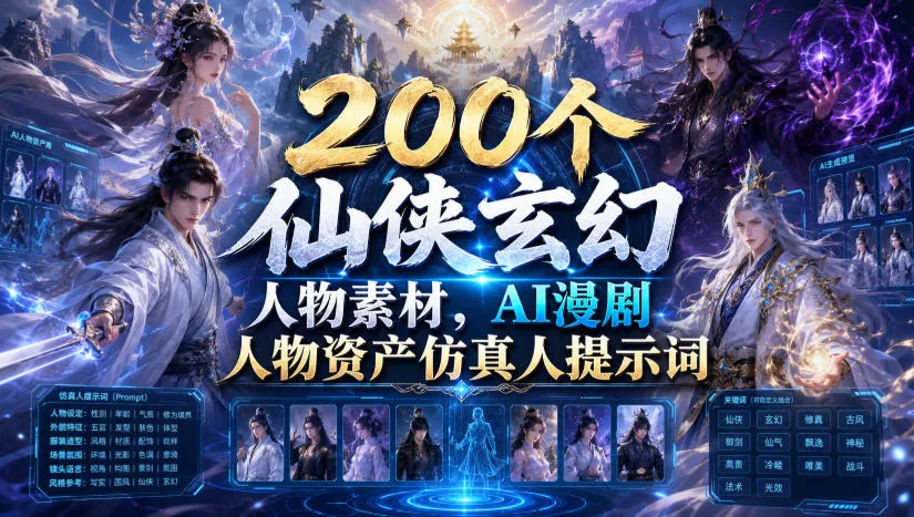 200个仙侠玄幻人物素材，AI漫剧人物资产仿真人提示词-e家网