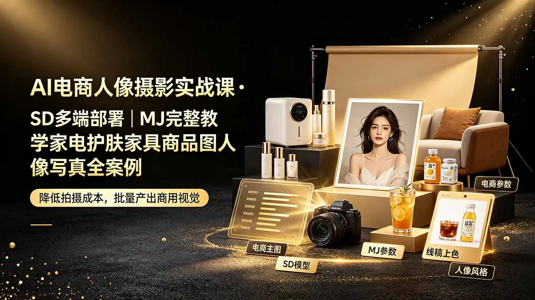 AI电商人像摄影实战课·SD多端部署｜MJ完整教学｜家电护肤家具商品图人像写真全案例-e家网