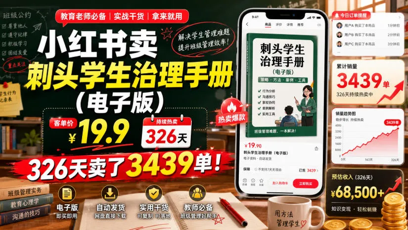 小红书卖刺头学生治理手册(电子版)，客单价19.9，326天卖了3439单！-e家网