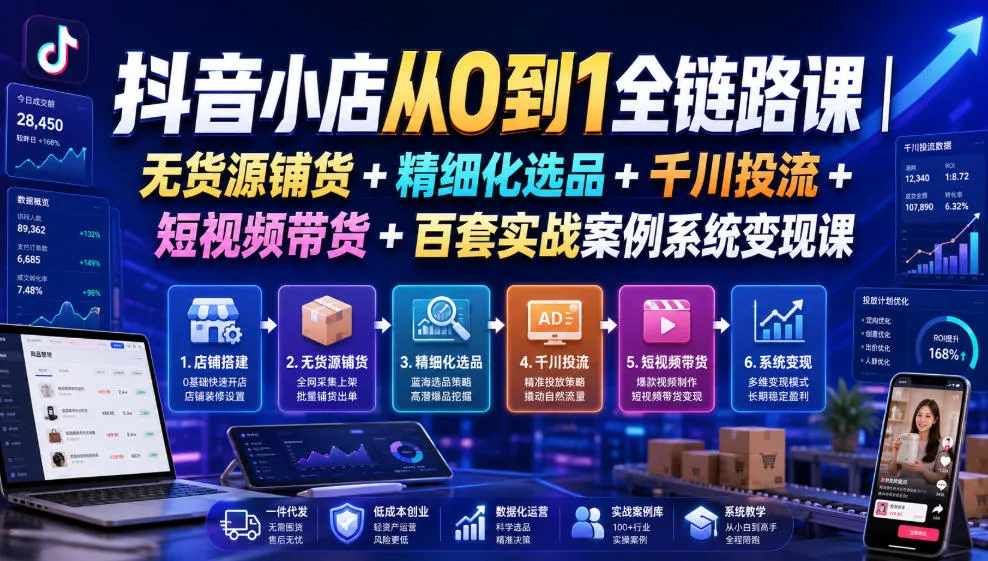抖音小店从0到1全链路课｜无货源铺货+精细化选品+千川投流+短视频带货+百套实战案例系统变现课(2026年7月更新)-e家网