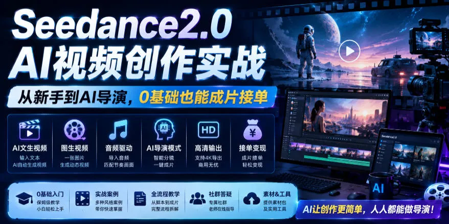 Seedance2.0 AI视频创作实战，从新手到AI导演，0基础也能成片接单变现-e家网
