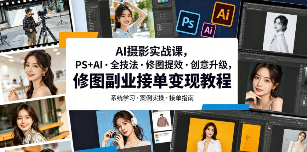 AI摄影实战课，PS+AI・全技法・修图提效・创意升级，修图副业接单变现教程-e家网