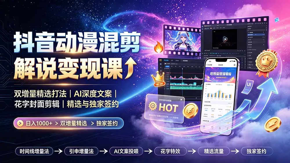 抖音动漫混剪解说变现课：双增量精选打法｜AI深度文案｜花字封面剪辑｜ 精选与独家签约日入1000+-e家网