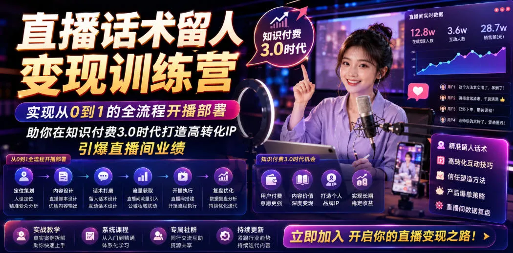 直播话术留人变现训练营，实现从0到1的全流程开播部署，助你在知识付费3.0时代打造高转化IP，引爆直播间业绩-e家网