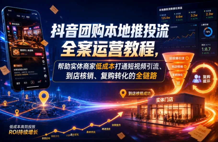 抖音团购本地推投流全案运营教程，帮助实体商家低成本打通短视频引流、到店核销、复购转化的全链路-e家网