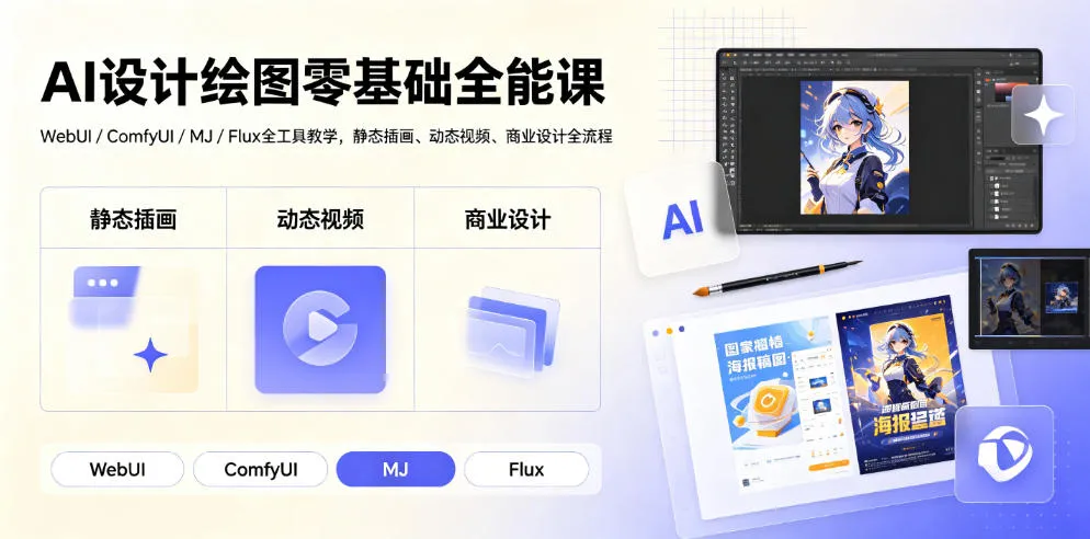 AI设计绘图零基础全能课｜WebUI/ComfyUI/MJ/Flux全工具教学，静态插画、动态视频、商业设计全流程-e家网