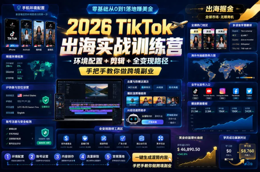 2026 TikTok出海实战训练营，环境配置 + 剪辑 + 全变现路径，手把手教你做跨境副业-e家网