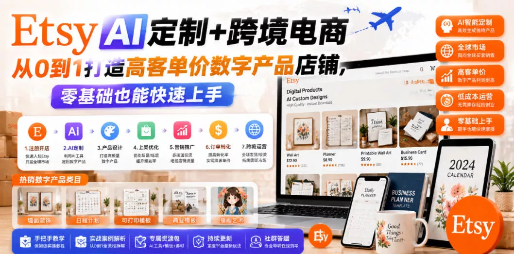 Etsy AI定制+跨境电商，从0到1打造高客单价数字产品店铺，零基础也能快速上手-e家网