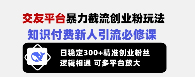 交友平台暴力截流创业粉玩法，知识付费新人引流必修课，日稳定300+精准创业粉丝，逻辑相通可多平台放大-E家云商