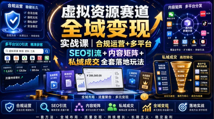 虚拟资源赛道全域变现实战课｜合规运营+多平台SEO引流+内容矩阵+私域成交全套落地玩法-e家网